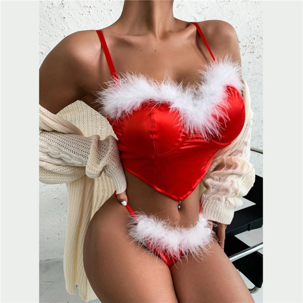 Women Sexy Lingerie Bra Skirt Thong Suit Plush Lace Tops Briefs Xmas